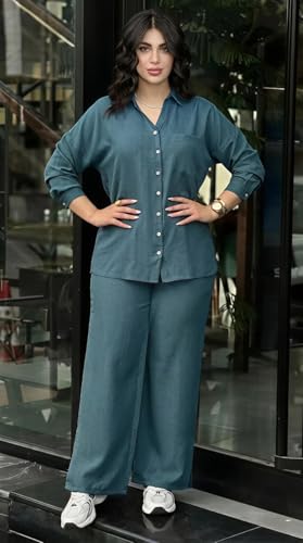 Image of Women's Solid Color Two-Piece Set | Long Sleeve Top & Wide Leg Pants Co-ord Set | Casual Wear Co ord Set