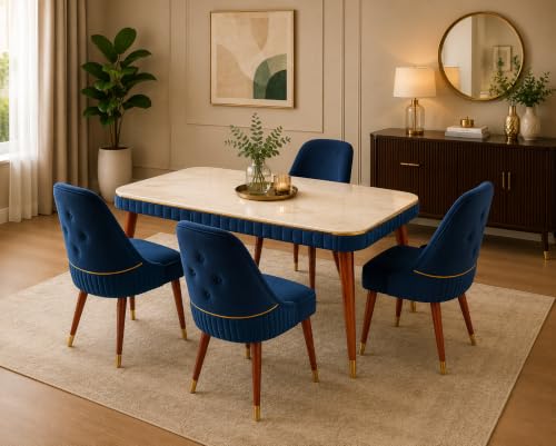 Image of WOODEN SPACE Majestic 4 Seater Wooden Dining Table Set | Urban Marble Top Dining Table with Chairs for Dining Room & Kitchen (Navy Blue Modern Grand Aura) (54 x 36 x 30 inch)