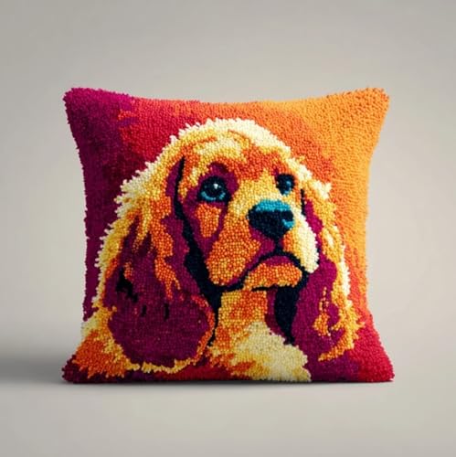 AxiangziK Kit de gancho para pestillo para cojín,Perro Charles Spaniel juego de cojines para principiantes adultos,43x43cm DIY Fundas de almohada estampadas alfombra de nudos