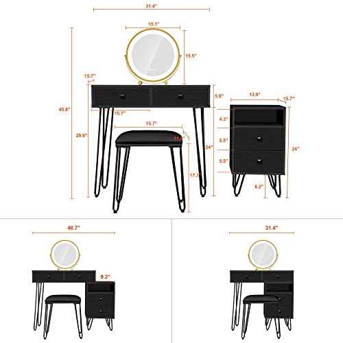 Avzear Dressing Table, Vanity Table With Lighted Mirror Makeup Dressing Table With Large Drawer And 4-Drawer Chest, 3-Color Touch Screen Dimmable Mirror With Cushioned Stool (Black) #TOP5