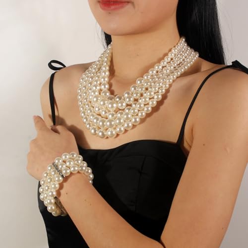 KOSMOS-LI Large Multi Layer Faux Pearl Strand Costume Jewelry Sets For Women3
