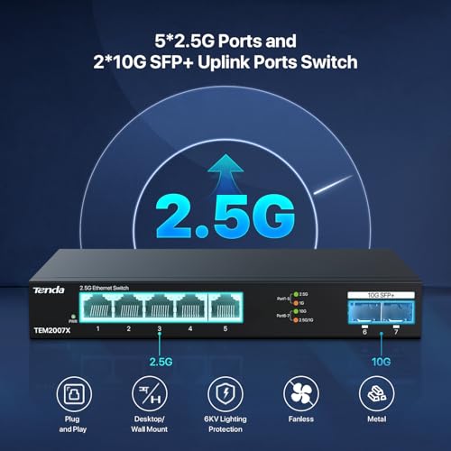 Tenda TEM2007X, 5 Port 2.5G Ethernet Switch, Unmanaged 2.5Gb Switch with 5 x 2.5G Ports & 2 x 10Gb SFP+ Slots, 50Gbps Switching Capacity, Plug & Play, Desktop/ Wall-Mount, Fanless Metal Design - Image 3