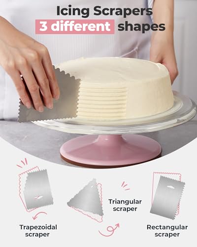 Image of Kootek Aluminium Cake Turntable Set, Baking Tools with Revolving 12 inch Cake Stand for Decorating, 12.7 inch Offset Spatula, 3 Stainless Steel Frosting Icing Smoother, Cake Serve Cake Decorating Kit Supplies