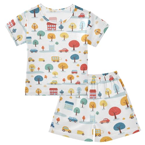 Pajama Short Sets Autumn Trees Cars Houses Soft Cotton Summer Sleepwear 2 Piece PJS Size 5-14T
