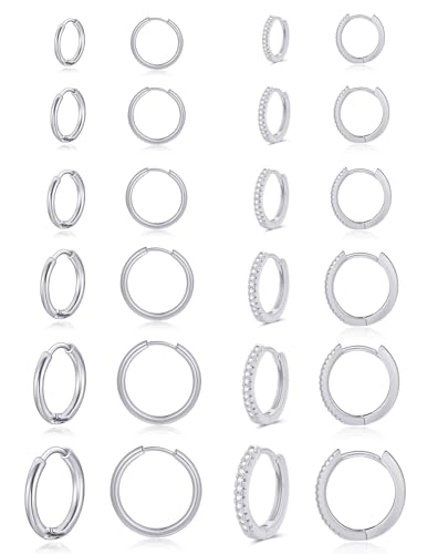 Tornito 12 Pairs Surgical Stainless Steel Huggie Hoop Earrings Gold Silver Small Hoops Cubic Zirconia Earrings 6mm 8mm 10mm 12mm 14mm 16mm Cartilage Helix Tragus Lobes Hinged Piercings for Women Men