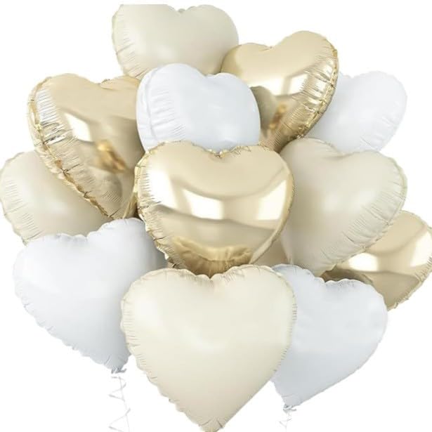 18-Inch Oversized Heart Balloons Platinum Cream Colour - Helium Balloon Set With Ribbon And Straw For Romantic Wedding Birthday Anniversary Party Decorations, Large Foil (Gold & White)