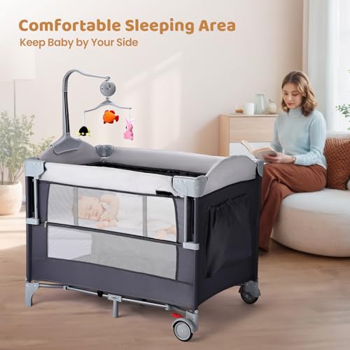 Image of JOYMOR Pack and Play with Changing Table, 5-in-1 Portable Baby Bedside Bassinet with Storage, Travel Crib with Carry Bag, Compact Fold (Gray)
