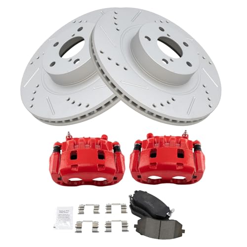 Image of TRQ Performance Front Brake Pad and Rotor Set Ceramic Slotted Drilled G | For 2007 Subaru Outback