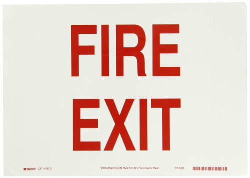 Brady 118137 14" Width x 10" Height B-558 Pressure Sensitive, Red On White Color Sustainable Safety Sign, Legend "Fire Exit"
