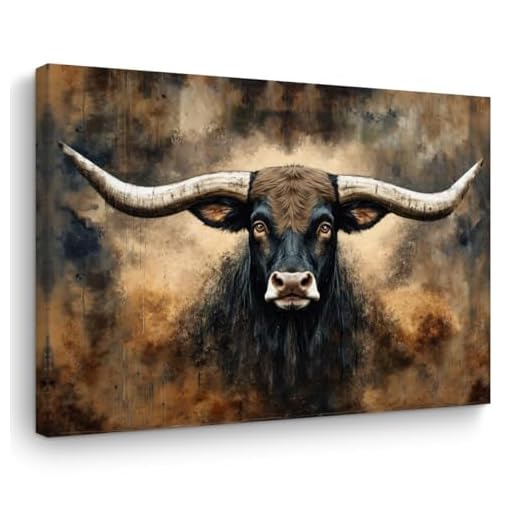 TBT Vintage Longhorn Cow Wall Art, Rustic Farmhouse Cows Pictures Wall Decor Painting, Cow Animal Canvas Framed Posters Prints for Living Room Home Farmhouse Bathroom Decor 11.5x15 Inch