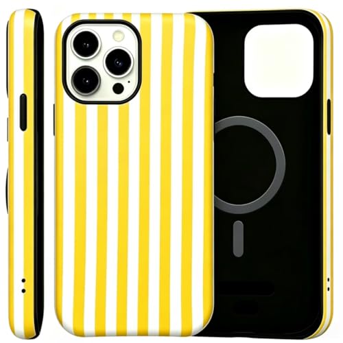 Image of for iPhone 16Pro Case Cute Phone Case,Compatible with MagSafe,Dual Layer Shockproof Protective Phone Cover,Hard Shell + Silicone Cover,Fashion Design for Women Girls,Striped Yellow