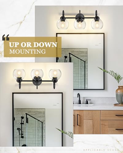 Image of Bathroom Light Fixtures, 3-Light Matte Black Vanity Lights with Globe Clear Glass, Modern Vanity Lighting Fixtures Over Mirror, AD-22280-3W-BK