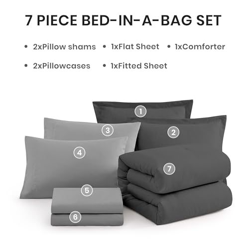 Monbix King Size Comforter Set, Dark Grey King Size Bed Set Reversible 7 Pieces, Cationic Dyeing Bed in a Bag with Comforter, Sheets, Pillowcases & Shams