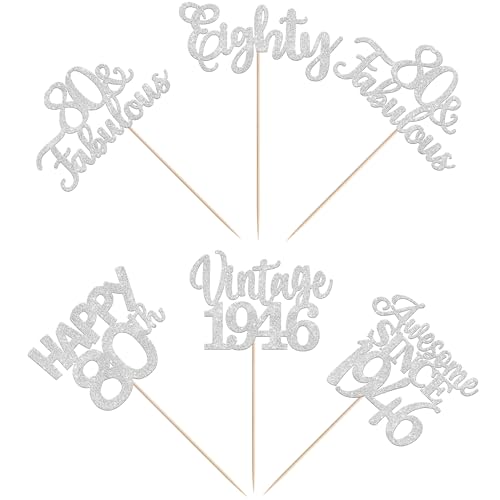 Image of 15 PCS 80th Birthday Centerpiece Sticks Glitter Eighty Happy 80 Vintage 1946 Table Flower Centerpieces Sticks Cheers to 80 Fabulous Floral Decorations for 80th Birthday Party Supplies Silver