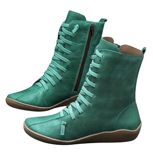 Womens Ankle Boots Vintage Casual Short Ankle Boots for Women 2025 Arch Support Fashion No Heel Lace Up Side Zipper Retro Leather Booties Comfortable Slip On Flat Shoes
