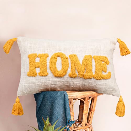 Image of HOMADORN 100% Cotton Text Pattern Handtufted /Embroided Decorative Cushion Cover (12X20 Inches) (2, Home Yellow)