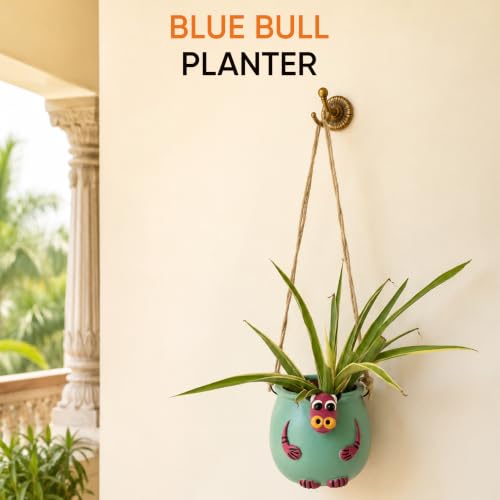 Image of AAKRITI ART CREATIONS Terracotta Hanging Planter | Blue Bull Design, Modern Art, Matte Finish | Decorative Hanging Pot for Indoor & Outdoor Home Decor