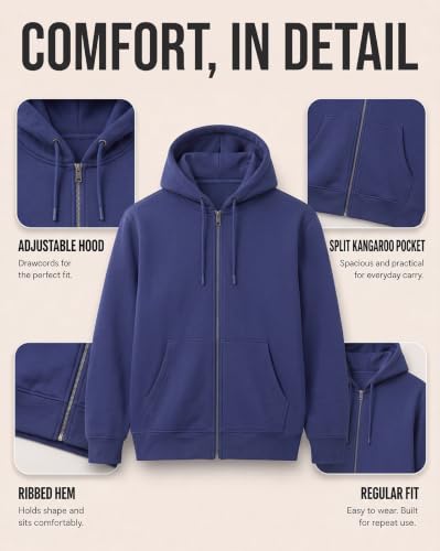 Image of Nobero Classic Zipper Hoodie for Men | Zip Up Hoodies for Men | Regular Fit | Full Zip Closure | Drawstring Hood | Zipped Hooded Sweatshirt | Cotton Rich Zipper Fleece Hoodie