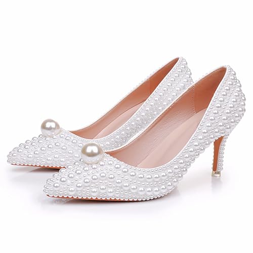 Women's Leather Pearl Stiletto Pumps Fashion Closed Pointed Toe Slip-on High Heel High Dress Shoes for Wedding Party4