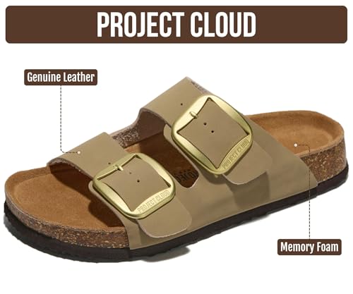 Image of Project Cloud 100% Genuine Leather Footbed Sandals for Women 2026 Comfortable Beach Essentials Womens Sandals Memory Foam Vacation Essentials Slides for Women Footwear (Santorini)