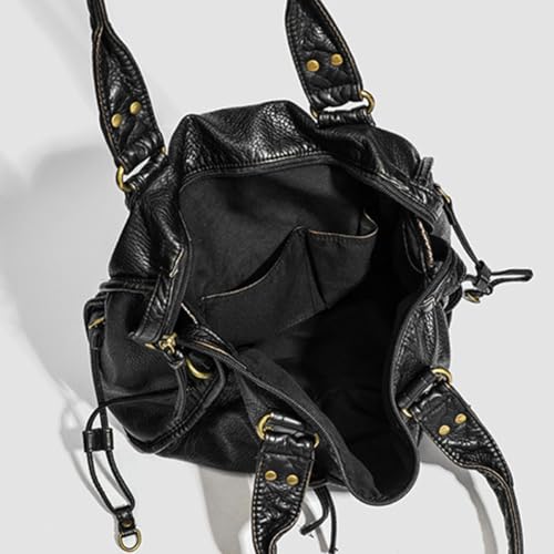 Women Leather Retro Shoulder Bag with Pockets, Soft Washed Leather Tote Bag, Vintage Y2K Summer Hobo Bag, Handle Bag for Work2