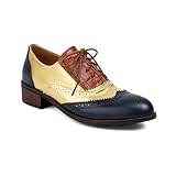 Blano Lofor Women's Wingtips Oxford Shoes Perforated Brogues Multicolor Patchwork Vintage Round Toe Lace-up Low Heels Wing Tip Saddle Oxfords for Women Navy Blue Gold and Burgundy 7.5
