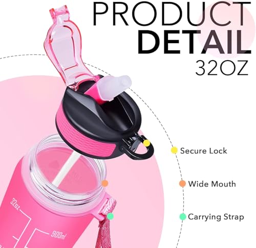 Image of TEKCOOL Motivational 1L Capacity Pink Green Plastic Bottle with Straw | Leakproof, Durable, BPA-Free | Ideal for School /College /Office /Travel, Sports /Outdoor Activities /