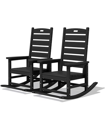 SERWALL Outdoor Rocking Chair Set of 2 Oversized Rocking Chair with Footboard for Adults HDPE All Weather Resistant Rocking Chairs for Patio 350lbs Weight Capacity Black
