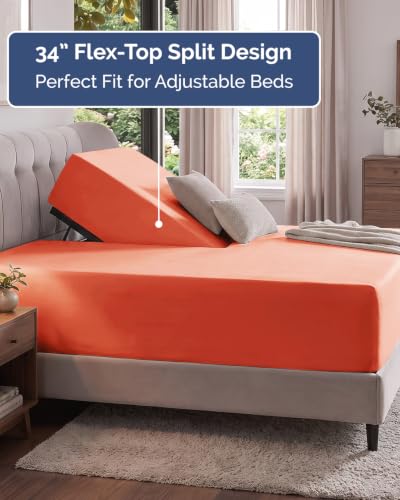 Image of Extra Deep Flex Top Split Head King Fitted Sheet - Hotel Luxury Single Fitted Sheet Only - Easily Fits 18 inch to 24 inch Mattress - Ultra Soft, Wrinkle Free w /Extra Deep Pockets - Coral