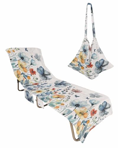 Floral Blue Beach Chair Cover with Side Pockets, Microfiber & Quick Dry Pool Chaise Lounge Chair Towels Covers for Sun Sunbathing Patio Garden Hotel, Retro Botanical Eucalyptus Leaves Traditional Boho