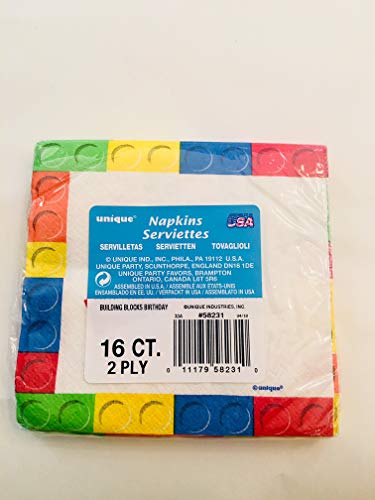 Image of Bold & Bright Building Blocks Birthday Beverage Napkins (Pack of 16) - Sturdy & Stylish Design - Perfect Party Essential for Lovers