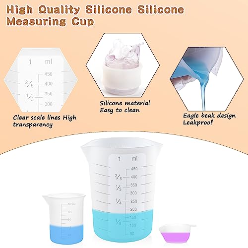 Silicone Resin Measure Cups Tool Kit, Suzzam 450&100ml Silicone Measuring Cups,Stir Sticks,Silicone Color Cup,Mixing Paddle, Pipettes,Finger Cots for Resin,Jewelry Making,Reusable&Easy Clean