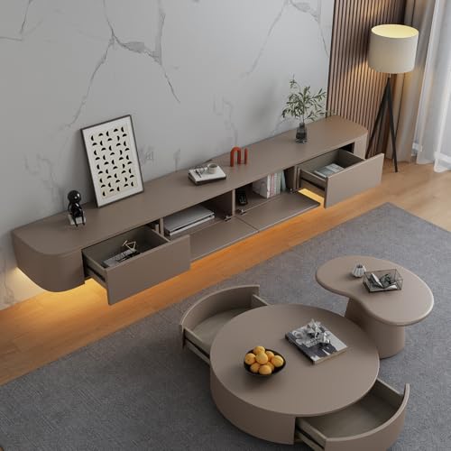 Image of Floating TV Stand Wall Mounted - Wall Entertainment Center with Flip-Down Doors & Drawers, Modern Hanging TV Shelf for Living Room, Media Console for 65 /75 80 Inch TVs (Khaki - B, 47.2IN /120CM)