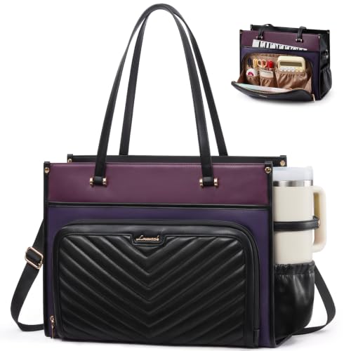 Image of LOVEVOOK Quilted PU Leather Teacher Tote Laptop Bag Work Purse for Women | Large Cup Holder, Professional Waterproof Handbag Briefcase, Gifts for Business Office Nurse Mom College Travel Daily Leiure