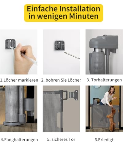 Retraktierbares Sicherheitsgitter für Babys & Haustiere – Extra Breit & Hoch, 0-140CM Türschutzgitter für Treppen, Türen, Innen- & Außenbereich, Einfache Einhand-Bedienung, Grau