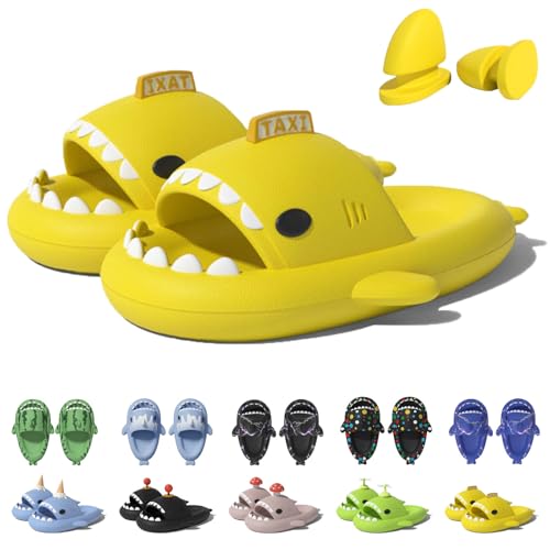 Jfxgjuv Shark Slides Ice Cream Cone, Shark Slides with 3D Funny Fins, Cloud Shark Home Spa Slippers Sandals Shoes for Women Men (Taxi Yellow,11-11.5 Women/10-11 Men)