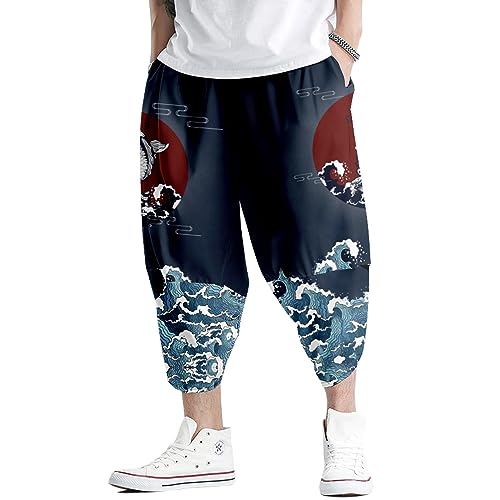 Image of DOSLAVIDA Men's Japanese Kimono Jacket Set Stylish Open Front Coat With Shorts Chinese Style Printed Cardigan Suit