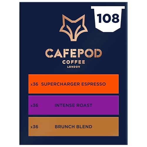 CafePod Cápsulas de café espresso, compatibles con máquina de café Nespresso, intensidad 12 con ricas notas de castaño caramelizado - Surtido de Rainforest Alliance - Supercharger Espresso 108