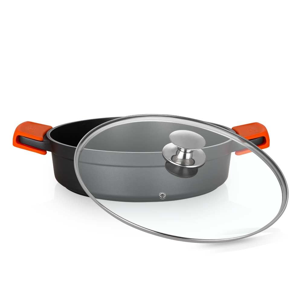 Orbegozo CDB 1040 Cacerola Baja Aluminio Forjado, 10.5 L, Superficie Antiadherente Libre de PFOA, Asas de Silicona, Tapa de Cristal Templado