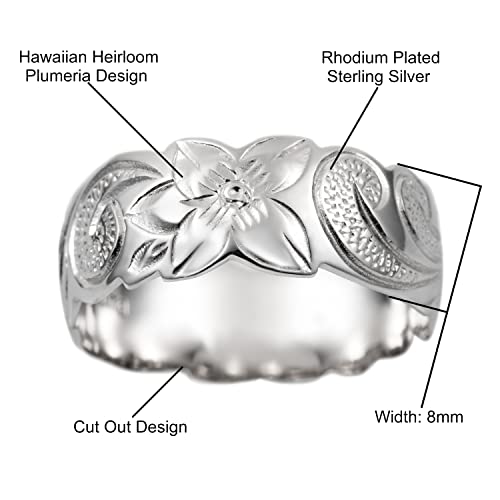 Aloha Jewelry Company 925 Sterling Silver 8mm Hawaiian Princess Plumeria Flower Scroll Promise Ring Stackable Wedding Engagement Band, Nickel Free Hypoallergenic for Sensitive Skin, Gift Box Included3