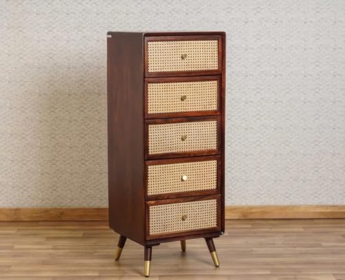 Image of Chest of Drawers | Multipurpose Console Dresser with 5-Compartment Storage Cabinet with Modern Design for Bedroom, Living Room & Office | Solid Sheesham Wood, Walnut Finish (Steven)
