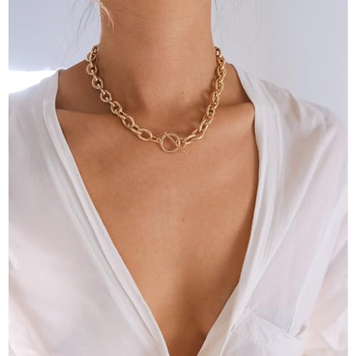Gold Chunky Necklace for Women 14K Gold Plated Chain Clasp Toggle Necklaces Paperclip Statement Link T-Bar Clasp Dainty Gold Necklace Jewelry Gifts2
