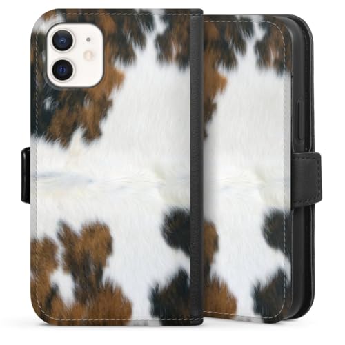 Klapphülle kompatibel mit Apple iPhone 12 Mini Handyhülle aus Kunst Leder schwarz Flip Case Kuhfell Fell Kuh