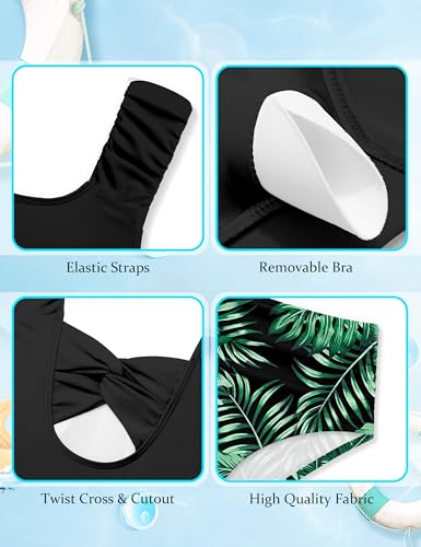 Image of Girls Tankini Swimsuit 2 Piece Bathing Suit Twist Cross Back Cutout Swim Tank Top Floral Print Swimwear for 7-18Y