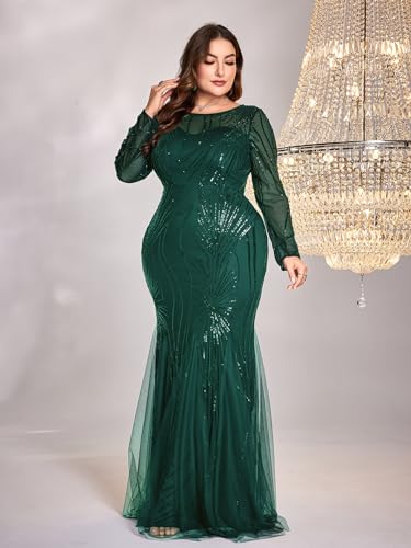 Image of Plus Size Long Sleeve Sequin Evening Dress Glitter Mermaid Long Gown for Mother of The Bride Or Wedding Guest