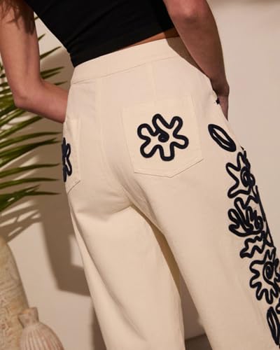 SCOFEEL Women's Embroidery Wide Leg Jeans High Waisted Baggy Denim Pant Casual Loose Fit Trousers with Pockets4