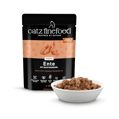 catz finefood Purrrr Ente Monoprotein Katzenfutter nass N° 115, für ernährungssensible Katzen, 70% Fleischanteil, 16 x 85g Beutel