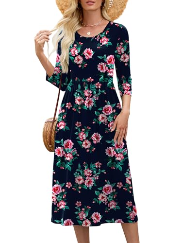 Image of Heymoments Women's Casual 3 /4 Sleeve Midi Dress Crewneck A Line Tiered Flowy Loose Travel Long Dresses with Pockets
