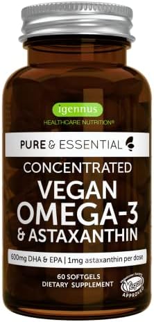 Pure \u0026 Essential Vegan Omega 3, High Concentration EPA DHA Algae Oil,  Sustainable \u0026 Pure, Plus Astaxanthin, 600mg DHA \u0026 EPA for Heart, Brain \u0026  Eye Health, 60 Small Softgels : Health \u0026 Household