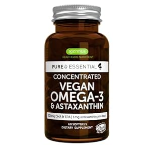 Pure & Essential Veganistische Omega 3 Algenolie 1344mg, DHA EPA 600mg & Astaxanthin, 60 softgel